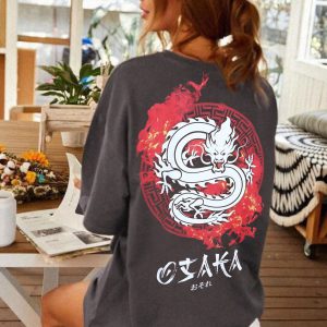 Antrasit Osaka Dragon Japonca Baskılı Oversize Salaş Kad