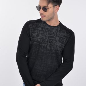 Erkek Regular Fit Siyah-gri Bisiklet Yaka Desenli Sweatshir
