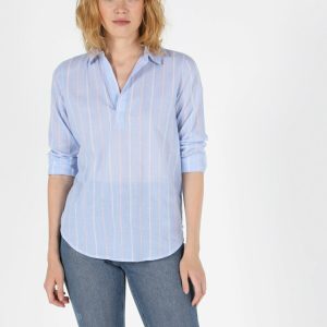Blouse Shirt Neck Kadın Mavi Uzun Kol Gömlek