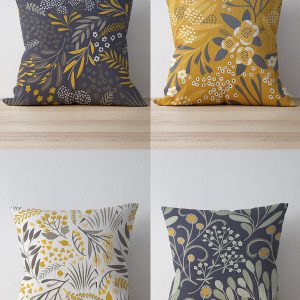 Çift Tarafı Baskılı Füme Floral Desenli 4'lü Süet Kırlent Kılıfı