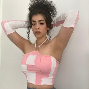 Crop Üst Pembe Beyaz Inci Boyun Detaylı
