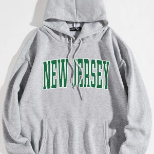 Unisex Oversize Gri New Jersey Baskılı Kapüşonlu Sweats