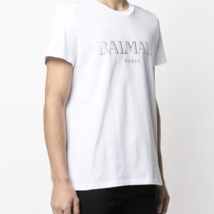 Erkek Beyaz Balmain Silver Print Regular Fit T-shirt