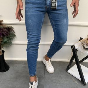 Erkek Jeans Skinny Fit Likralı Düz Trnak Mavi