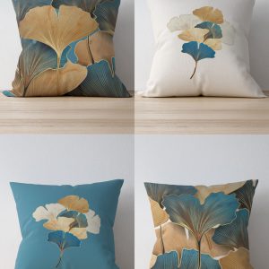 Çift Tarafı Baskılı Gold Ginkgo Desenli 4'lü Süet Kırlent Kılıfı