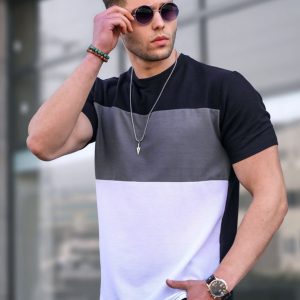 Erkek Renk Bloklu Siyah Tişört 5826
