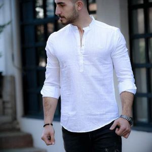 Erkek Beyaz Hakim Yaka Keten Ekstra Slim Fit Gömlek