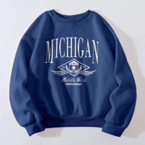 Unisex Mavi Michigan Middle West Bisiklet Yaka Baskılı Oversize Sweatshirt