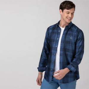 Erkek Slim Fit Ekose Desenli Lacivert Gömlek CH0189