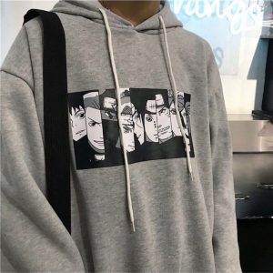 Unisex Gri Kapüşonlu Naruto Anime Sweatshirt