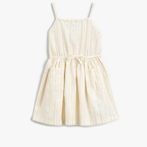 Yazlık Elbise Midi Askılı Pileli Beli Büzgülü