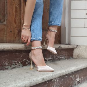 Ten Saten Bilek Taşlı 11 cm Şampanya Topuk Bileklikli Ka