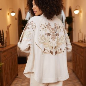 Arkası ve Kolları Nakışlı Kimono Ceket
