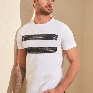 Beyaz Erkek Basic Slim Fit %100 Pamuklu Baskılı Kısa Kol
