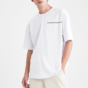 Erkek Beyaz Oversize Fit Bisiklet Yaka Slogan Baskılı Kı