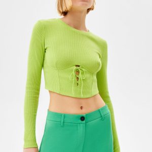 Uzun Kollu Korse Tasarımlı Fitilli T-shirt