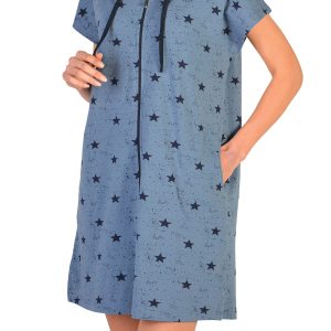 Tunik Ev Elbisesi Kısa Kollu Kapüşonlu Fermuarlı