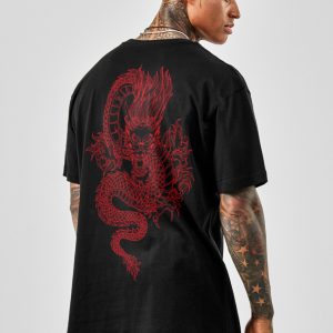 Azurco Oversize Dragon Baskılı Siyah Tshirt