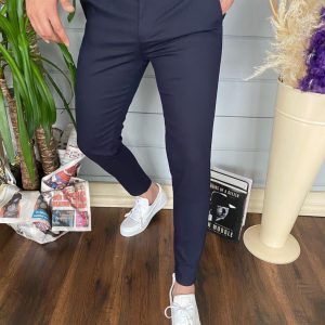 Erkek Slim Fit Lacivert Keten Pantolon