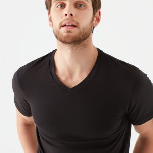 V Yaka Streç Siyah Basic Tişört