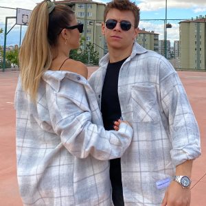 Unisex Açık Gri Oversize Tek Cepli Ekoseli Kalın Oduncu