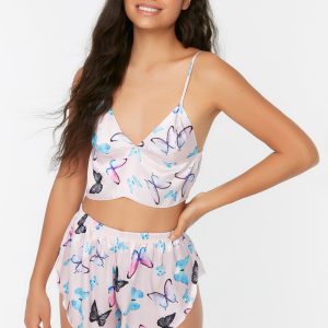 Çok Renkli Kelebek Desenli Crop Saten Pijama Takımı THMS