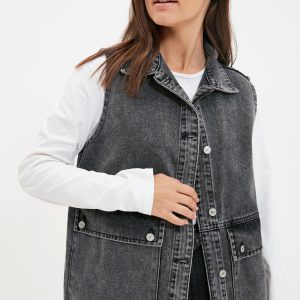 Antrasit Gömlek Yaka Cep Detaylı %100 Pamuk Denim Yelek C
