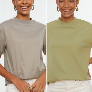 Yağ Yeşili Ve Gri Dik Yaka 2'li Paket Basic Örme T-Shirt