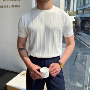 Beyaz Erkek Yuvarlak Yaka Örme T-shirt