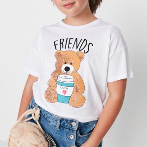 Beyaz Baskılı Kız Çocuk Örme T-shirt TKDSS22TS00024