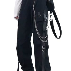 Women Black Trousers Pants with Chain Pocket High Waist Cap