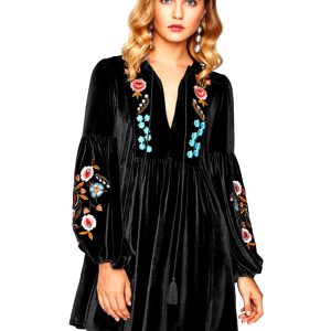 Aox Women Vintage Long Sleeve Floral Embroidered A line Loo