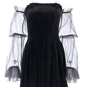 TSMNZMU Goth Lolita Black Empire-Waist Pleated Chic Dress M