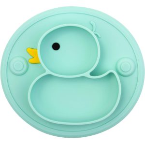 (Duck-cyan) - Silicone Divided Toddler Baby Plates - Portab